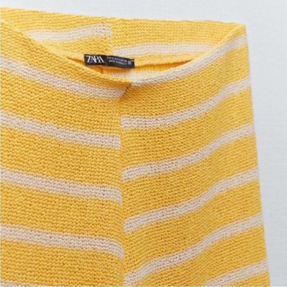 Zara Open Knit Striped Pants Yellow White Straight Leg Size Small - Picture 3 of 13